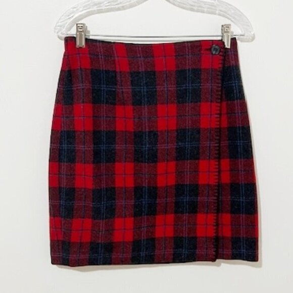 Talbots Petites Red Tartan Plaid Wool Blend Button Wrap Skirt Size 10P - Picture 1 of 8